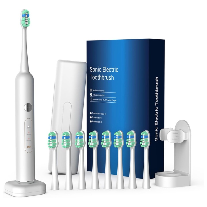 Електрическа звукова четка за зъби Qtenzivize, 8 глави, 42000 пулсации/мин, 60 дни автономна работа, безжично зареждане, IPX7 водоустойчива, 6 режима на почистване, 2-минутен таймер, калъф за пътуване, бяла