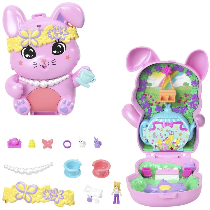Set de joaca cu papusa si accesorii in gentuta, Polly Pocket, Garden Bunny