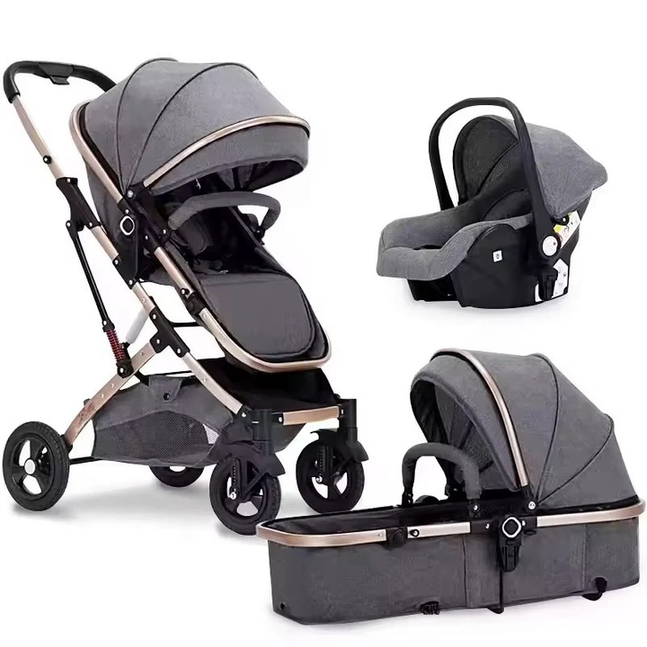 Carucior 3 in 1 Vivendo® Multifunctional pentru Copii – Landou, Scaun Auto si Carucior Sport, Pliabil, Design Premium, Gri