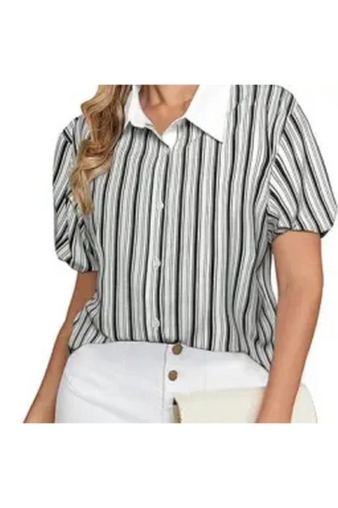 Camasa cu dungi si nasturi, cu guler si maneca scurta, casual, negru, marime S, Belle Poque