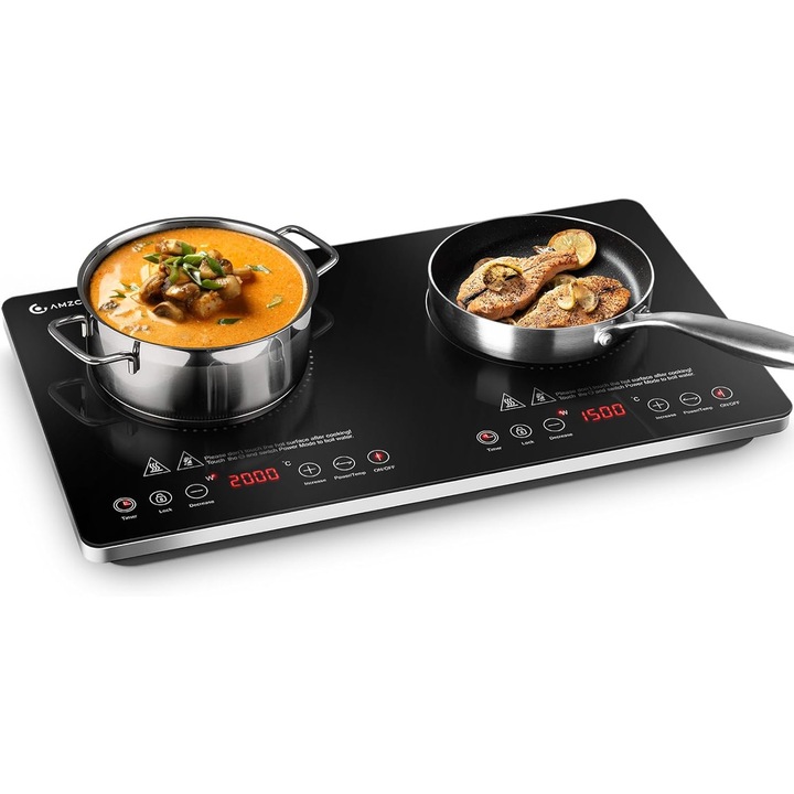 AMZCHEF 3500W 2-égős elektromos főzőlap, 20 hőmérsékleti szint, 20 teljesítményszint, 12x24cm