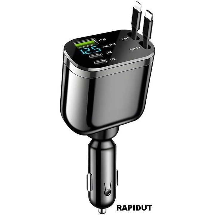 Încărcător auto RAPIDUT, retractabil, 5 în 1, 20W, încărcare rapidă, negru, lungime cablu 700mm