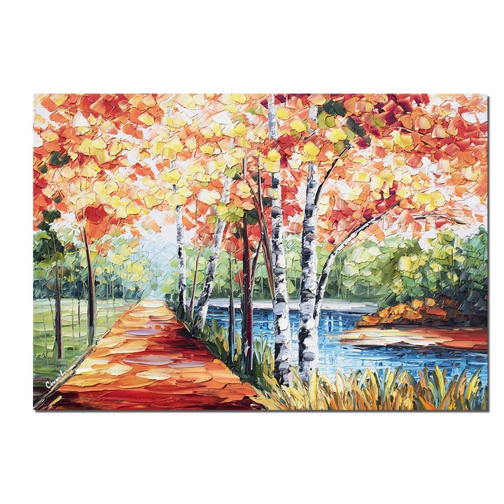 Tablou 3D peisaj pictat manual, Pe aleea cu mesteceni, 70x50cm ulei pe panza, Leonard Covaci