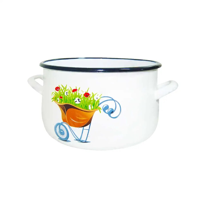 Oala Emailata 20 cm Alba cu Flori – Model Rustic in Roaba