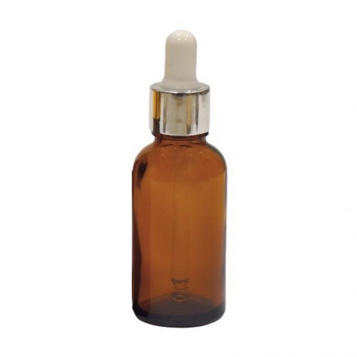 Sticla ambra cu pipeta, capac pipeta argintiu/cauciuc alb, 30ml