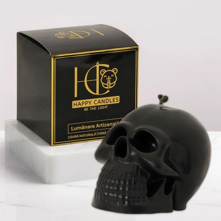 Lumanare din ceara naturala de albine, Happy Candles, Craniu, Negru, Handmade, Halloween, 250g