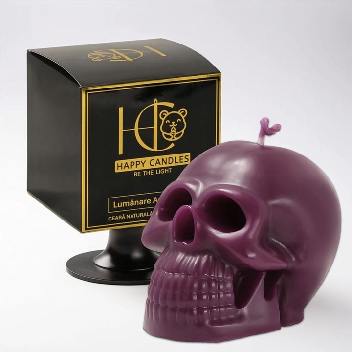 Lumanare din ceara naturala de albine, Happy Candles, Craniu, Mov, Handmade, Halloween, 250g