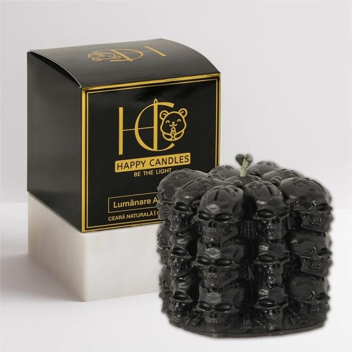 Lumanare din ceara naturala de albine, Happy Candles, SkullBox, Negru, Handmade, Halloween, 180g