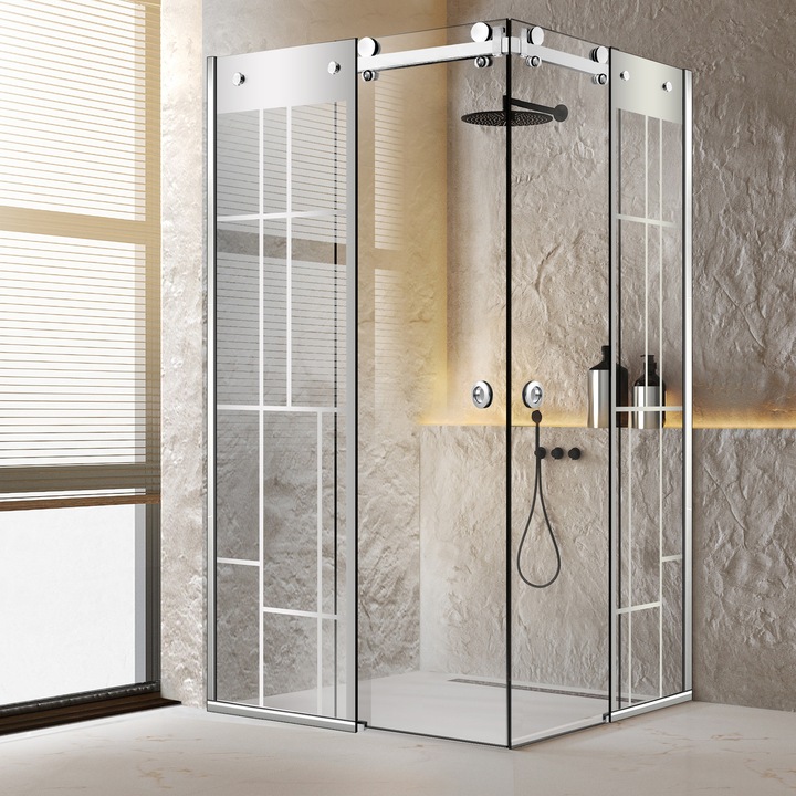 Cabina dus cu 2 usi colt glisante Glissando Duo Inox, model Urban incolor, feronerie full inox, sticla clara, securizata, 90x120 cm, inaltime 205 cm