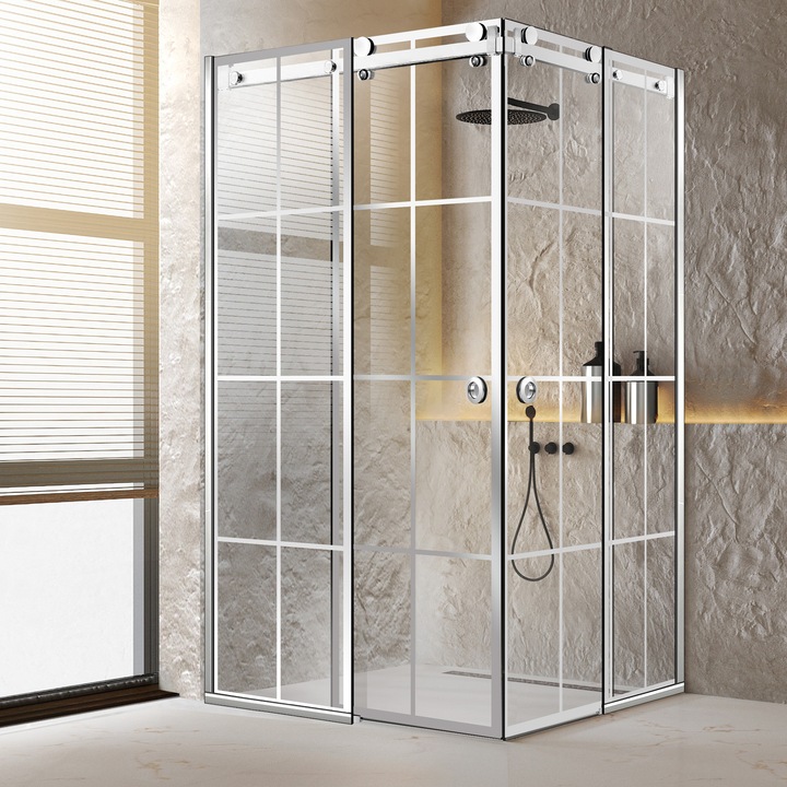 Cabina dus cu 2 usi colt glisante Glissando Duo Inox, model Mode incolor, feronerie full inox, sticla clara, securizata, 90x130 cm, inaltime 205 cm