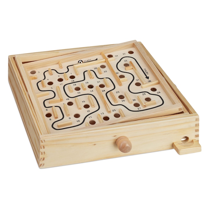 Labirint din lemn, joc de dexteritate si echilibru, tabla cu 2 bile de metal, joc clasic retro pentru adulti si copii, dezvolta motricitatea