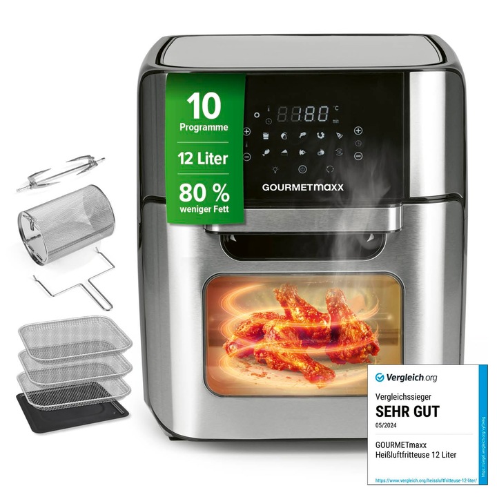 Фритюрник с горещ въздух GourmetMaxx 12L, XXL фурна от неръждаема стомана, 10 програми, тъчскрийн дисплей