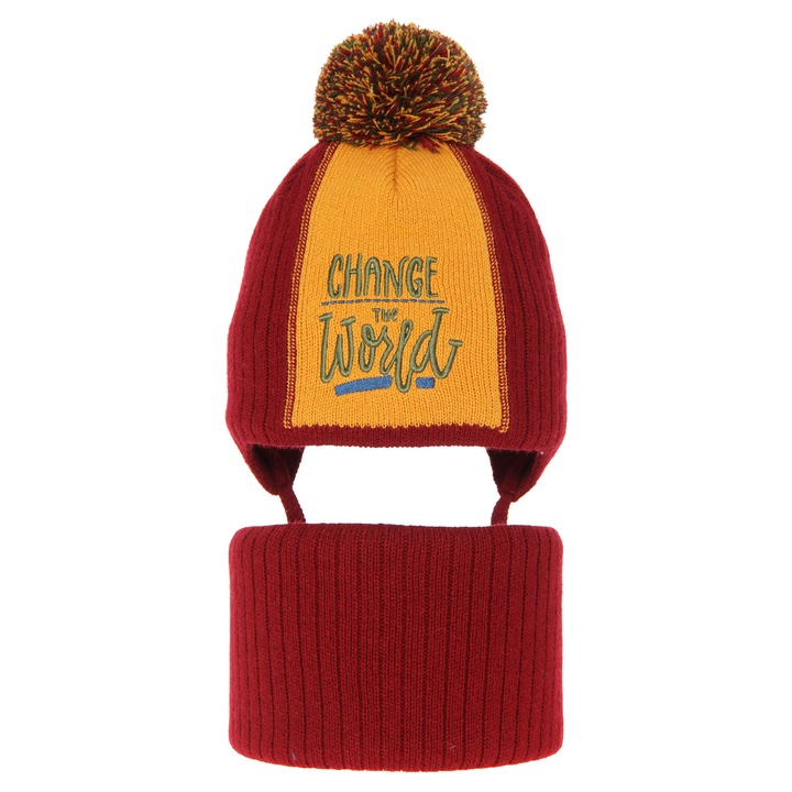 Set pentru baieti: caciula si fular circular Herb, broderie eleganta, captuseala polar, set elastic si moale, snur fixare, culoare visiniu, Marime 48-50