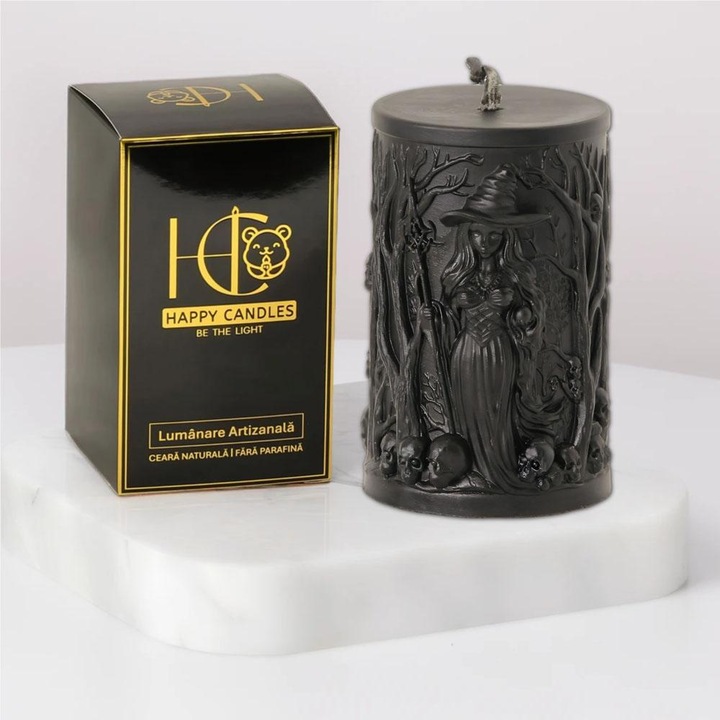 Lumanare din ceara naturala de albine, Happy Candles, Vrajitoare, Model 2, Negru, Handmade, Halloween, 230g