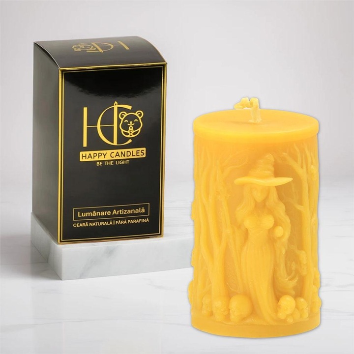 Lumanare din ceara naturala de albine, Happy Candles, Vrajitoare, Model 2, Galben, Handmade, Halloween, 230g