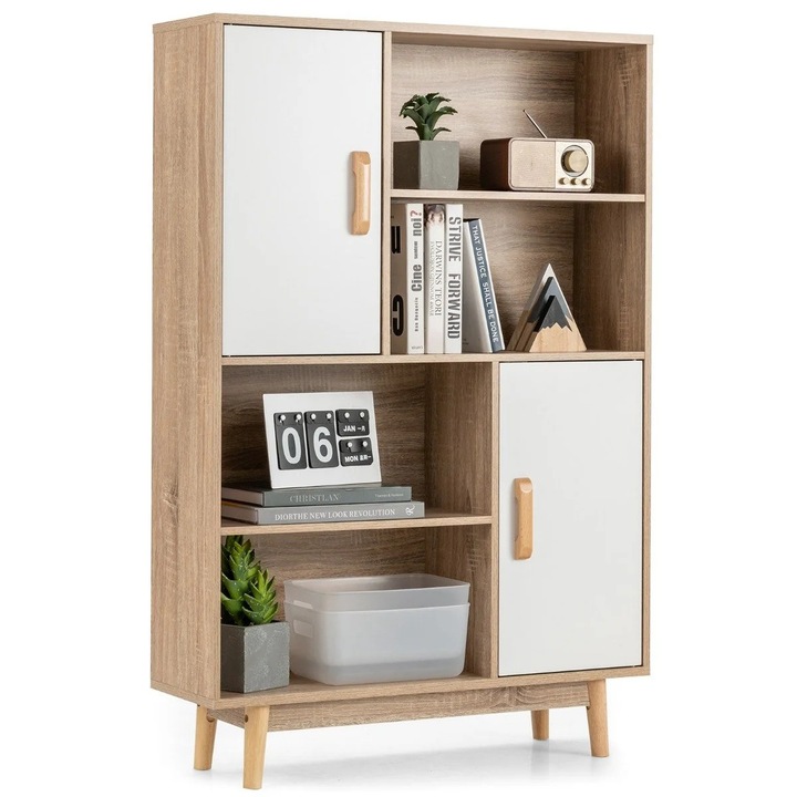 Bibliotecă Northio cu 4 etaje, 2 uși, alb, 80x24x120cm, set complet