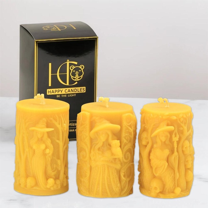 Свещи от пчелен восък, Happy Candles, Комплект Вещици, Жълт, Натурален восък, Ръчна изработка, Хелоуин, 720гр