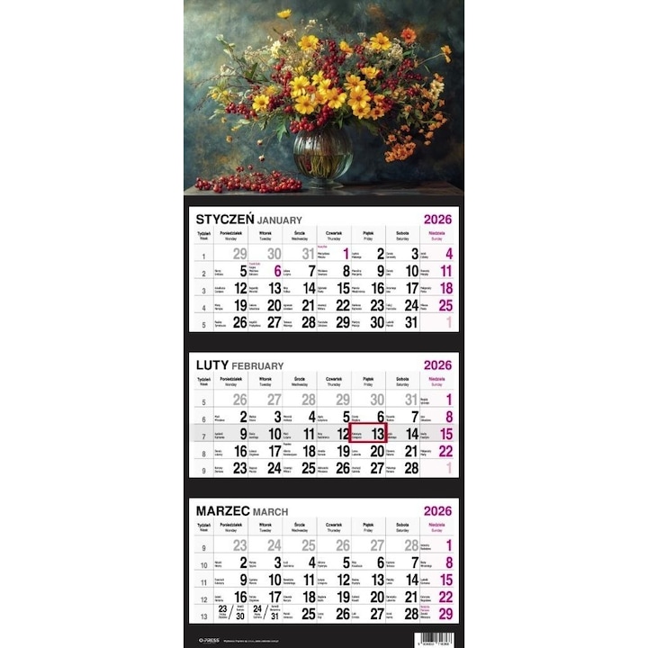 Kalendarz 2026 trojdzielny, 12 pagini, format 308x710x4 mm, design Bukiet