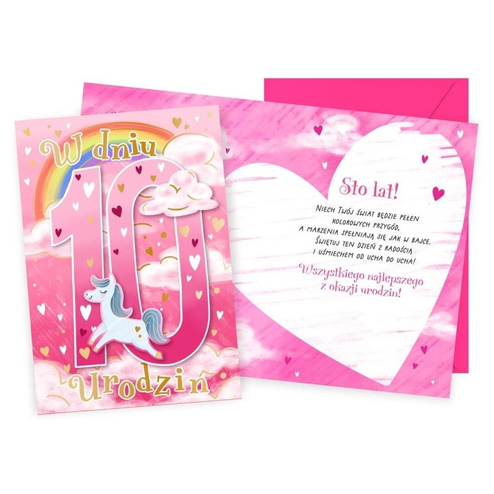 Felicitare KUKARTKA, 10 ani, B6, 16.6x11.7cm, colorata, cu decoruri variate, set cu envelopa