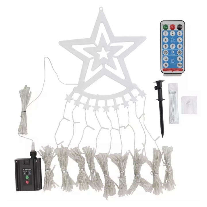 Instalatie Luminoasa de Craciun in Forma de Brad cu stea, Incarcare solara si USB, 198 LED-uri, Telecomanda, Pentru Interior/Exterior, 8 Moduri de Iluminare, Multicolora