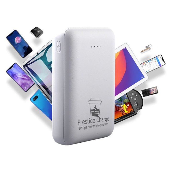 Baterie Externa Portabila PRESTIGE CHARGE®, 5000mAh, Iesire Dubla USB 10W, Dimensiuni Reduse, Indicatoare LED, Incarcare MicroUSB, pentru Telefon, Casti, Gadgeturi, Perfecta pentru Calatorit, Alb