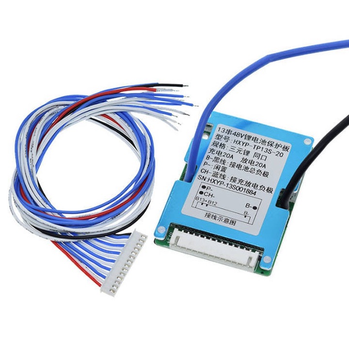 Rqiurpn, BMS töltőmodul, 13 cellás, 20A, 48V, fejlett védelem, többszínű