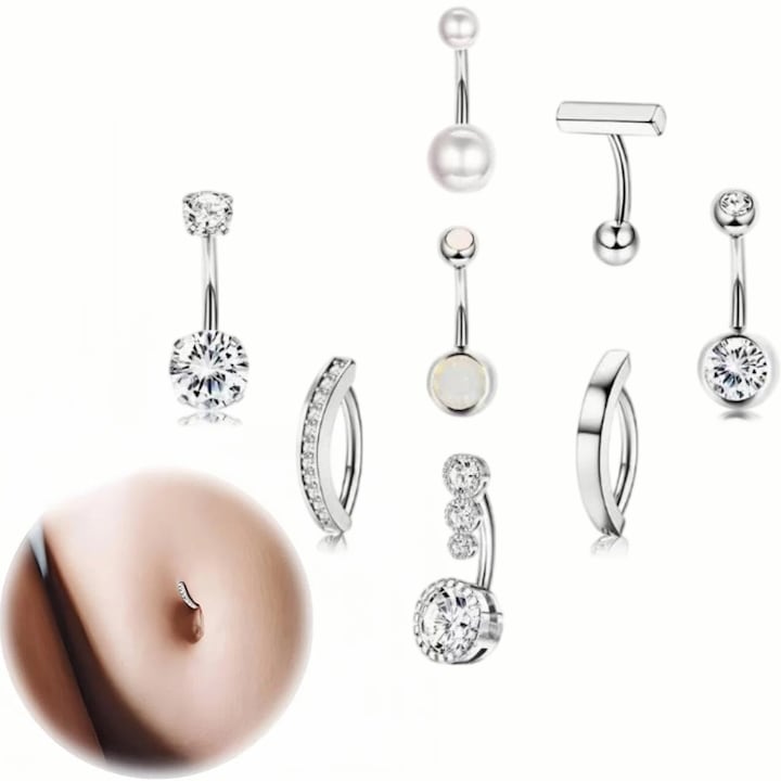 Set 8 Cercei Piercing pentru Buric, BOMSTOM, Otel Inoxidabil, Argintiu, 23x15x24mm