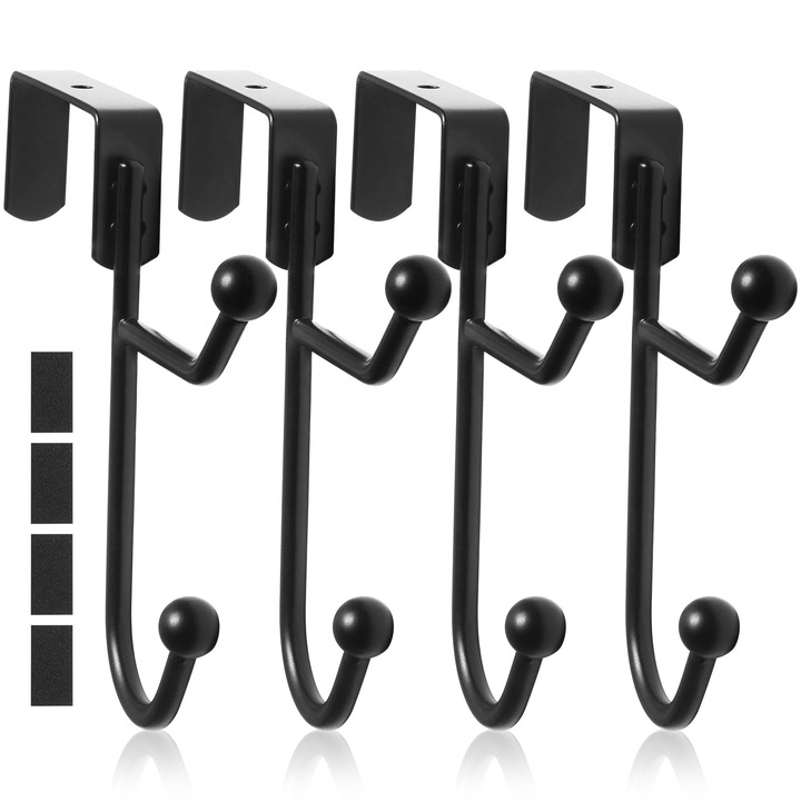 Set 4 cuiere pentru usi, cu carlige duble, zinc, negru, 4,3x2,1cm