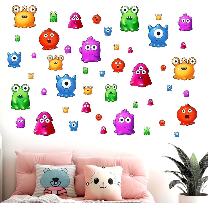 Sticker perete copii Paint Monster, Set 47 piese, Autocolante colorate tip graffiti, PVC Autocolant detasabil, 132 x 90 cm