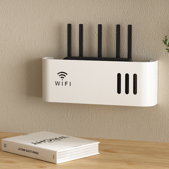 Рафт за рутер DEYKAY, Органайзер за кабели, Монтаж на стена, Бял, 31x11x5.5см