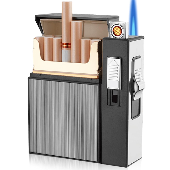 Bricheta Electrica, Cu Carcasa Pachet Tigari, Bedee, Husa de tigara si brichets, portabile reincarcabile, Pentru camping, drumetii, viata de zi cu zi, doua intr-unul, portabila, rezistente la vant, negru