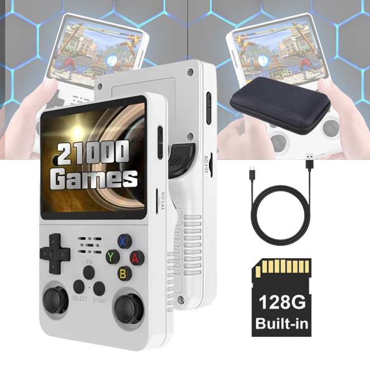 Consola R36S portabila retro, Bedee, Ecran MIPI de 3,5 inci, 21.000 de jocuri clasice selectate, joystick de inalta precizie, Card de memorie 32G+128G + geanta de depozitare cu fermoar, Elegant si frumos, alb