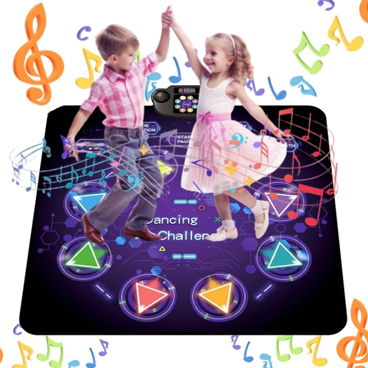 Електронен музикален килим за танци, Bedee, Три нива на трудност, Bluetooth, Регулируем обем, Акумулаторен, водоустойчив, противоплъзгащ, взаимодействие родител-дете, Подарък за момичета и момчета, 100 x 90 см, лилав