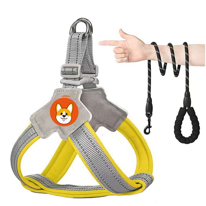 Комплект нагръдник и повод за кучета, регулируем, жълт, M, 25x25см