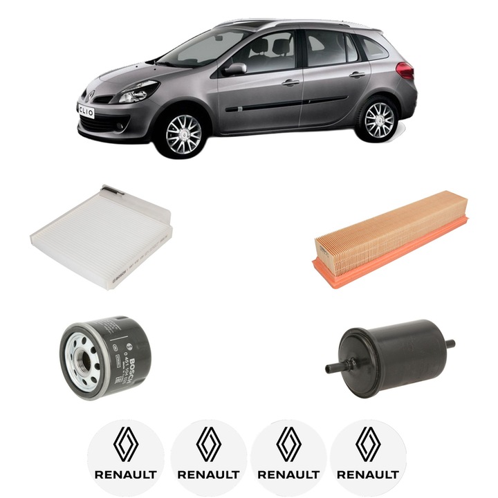 Pachet revizie filtre RENAULT CLIO III Grandtour (KR0/1_) 1.2 16V Hi-Flex (KR1U) din 2007-2012, Contine filtru aer, ulei, combustibil, polen habitaclu BOSCH, 4x Stickere cu RENAULT