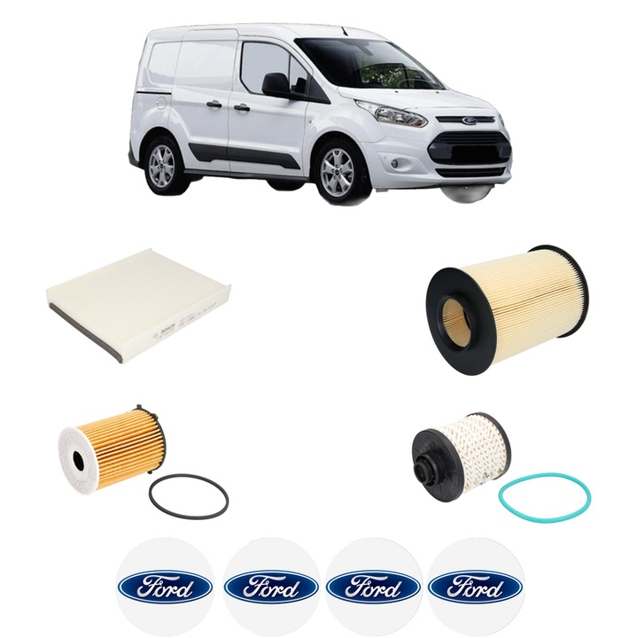 Pachet revizie filtre FORD TRANSIT CONNECT MPV 1.5 TDCi din 2015, Contine filtru aer, ulei, combustibil, polen habitaclu BOSCH, 4x Stickere cu FORD