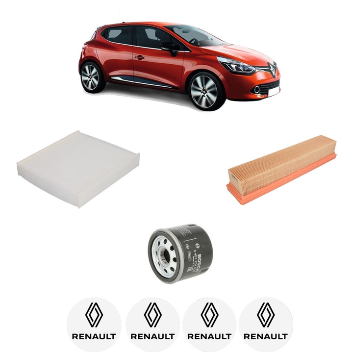 Pachet revizie filtre RENAULT CLIO IV Grandtour (KH_) 1.2 16V din 2013-2021, Contine filtru aer, ulei, polen habitaclu BOSCH, 4x Stickere cu RENAULT