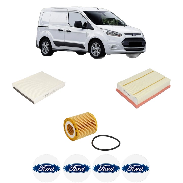 Pachet revizie filtre FORD TRANSIT CONNECT MPV 1.5 EcoBlue din 2018, Contine filtru aer, ulei, polen habitaclu BOSCH, 4x Stickere cu FORD