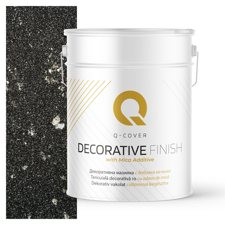 Tencuiala decorativa cu adaos de mica, Q-COVER, Gri inchis cu mica argintie D921, Pe baza de rasina acrilica pura, Aderenta excelenta la suport, Stabilitate a culorii, Rezistenta mare la UV, 15KG