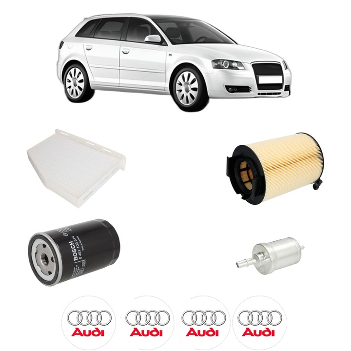 Pachet revizie filtre AUDI A3 Sportback (8PA) 1.6 E-Power din 2011-2013, Contine filtru aer, ulei, combustibil, polen habitaclu BOSCH, 4x Stickere cu AUDI