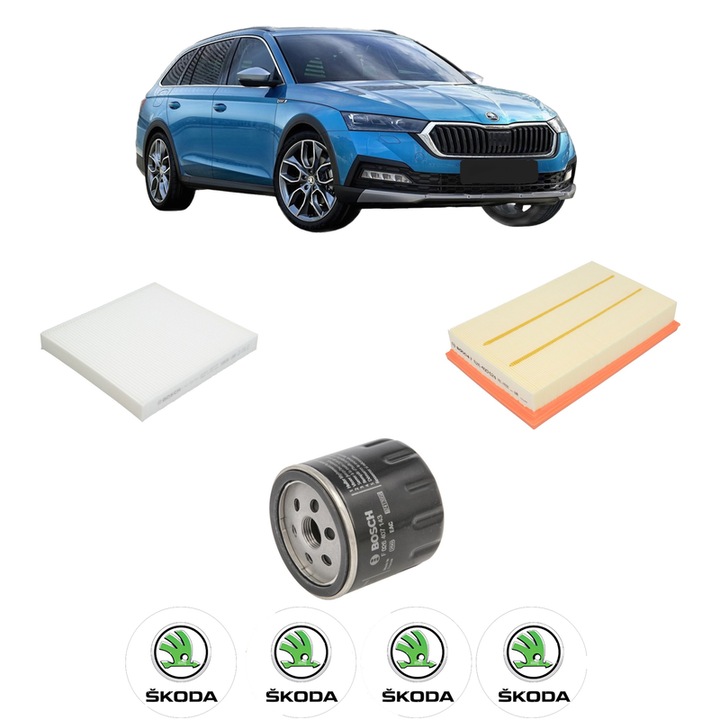 Pachet revizie filtre SKODA OCTAVIA IV (NX3, NN3, PV3) 1.5 eTSI din 2024, Contine filtru aer, ulei, polen habitaclu BOSCH, 4x Stickere cu SKODA
