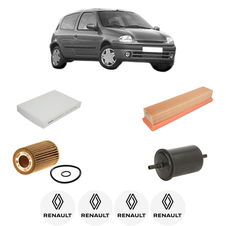 Pachet revizie filtre RENAULT CLIO II (BB_, CB_) 1.2 16V (BB05, BB0W, BB11, BB27, BB2T, BB2U, BB2V, CB05,... din 2001-2016, Contine filtru aer, ulei, combustibil, polen habitaclu BOSCH, 4x Stickere cu RENAULT