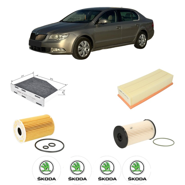Pachet revizie filtre SKODA SUPERB II Estate (3T5) 2.0 TDI 16V 4x4 din 2010-2015 CP 140 KW 103 KW CMC 1968 cm³, Contine filtru aer, ulei, combustibil, polen habitaclu carbon BOSCH, 4x Stickere cu SKODA