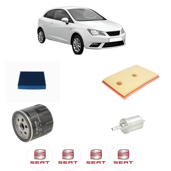 Pachet revizie filtre SEAT IBIZA IV SC (6J1, 6P5) 1.4 TSI din 2013-2015 CP 140 KW 103 KW CMC 1395 cm³, Contine filtru aer, ulei, combustibil, polen habitaclu carbon BOSCH, 4x Stickere cu SEAT