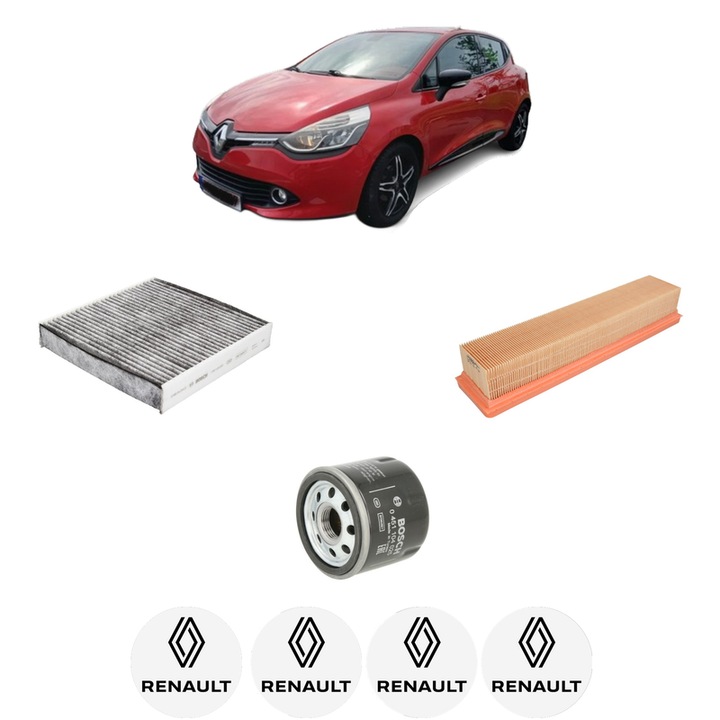Pachet revizie filtre RENAULT CLIO IV (BH_) 1.2 16V din 2012-2021 CP 73 KW 54 KW CMC 1149 cm³, Contine filtru aer, ulei, polen habitaclu carbon BOSCH, 4x Stickere cu RENAULT