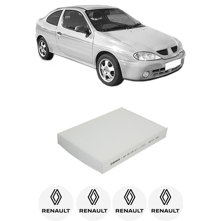 Filtru habitaclu polen RENAULT MEGANE I Coach (DA0/1_) 2.0 16V (DA0H) din 1996-1999 KW 108 CP 147 CMC 1998, Auto, Bosch, 4x Stickere auto cu RENAULT