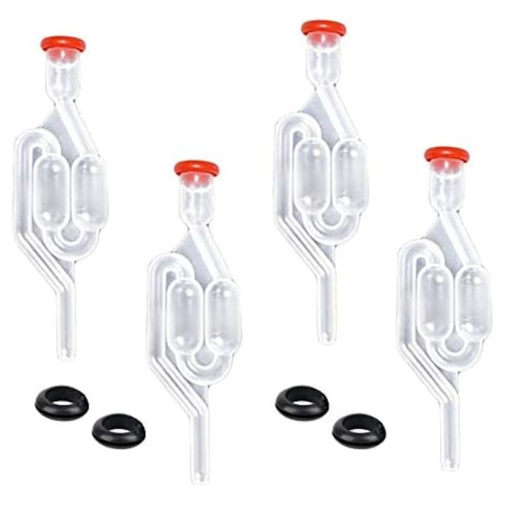 Set de tuburi de fermentare, 4 bucati de inchidere cu sistem Airlock pentru fermentare si 20 bucati de inele de silicon pentru conservare, fabricare a berii, vinificatie, fermentarea varzei murate, kimchi, in forma de S, 10 mm