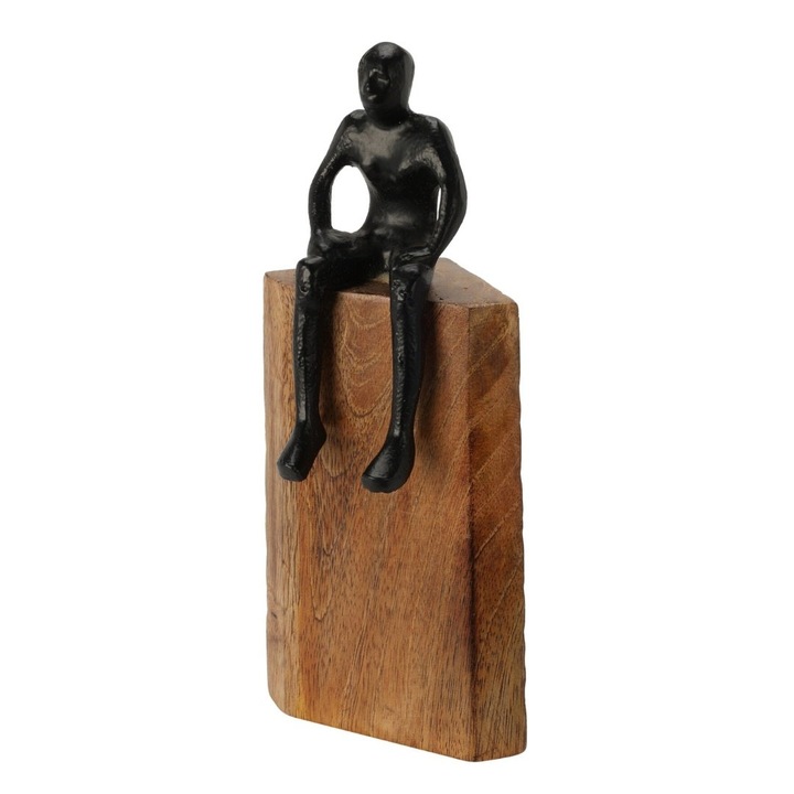Statueta decorativa pe lemn, silueta abstracta in negru, moment de relaxare, 23 cm
