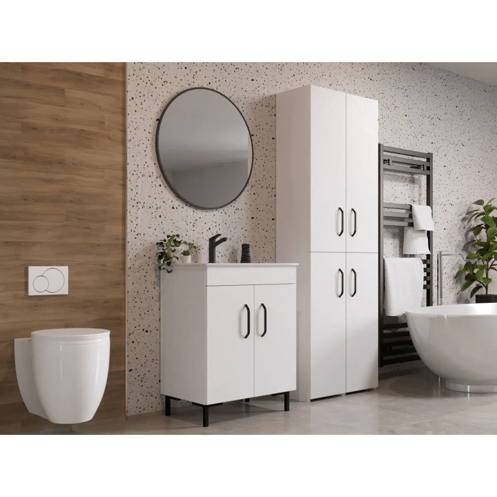 Set Complet Baie, Albio, C12, Masca baie, Chiuveta, Baterie, Dulap Inalt 64cm si Oglinda