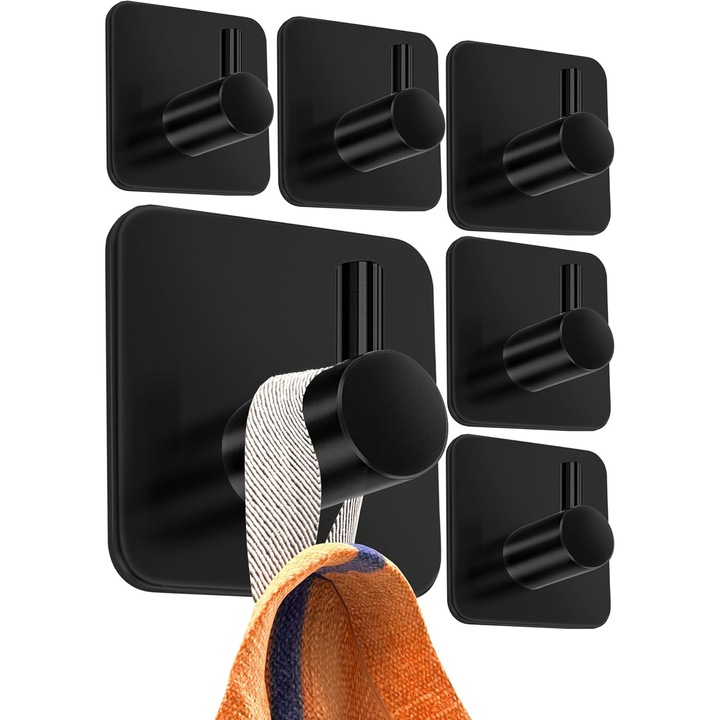 Suport pentru prosoape fara gaurire, set de 6, negru - Suport pentru prosoape de baie din otel inoxidabil, capacitate mare de incarcare - Impermeabil pentru baie, autoadeziv